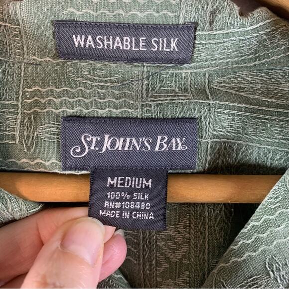 Mens Washable Silk Button Shirt Sz‎ M Sage Green Ethnic Tribal Resort Tiki Party - Picture 8 of 10